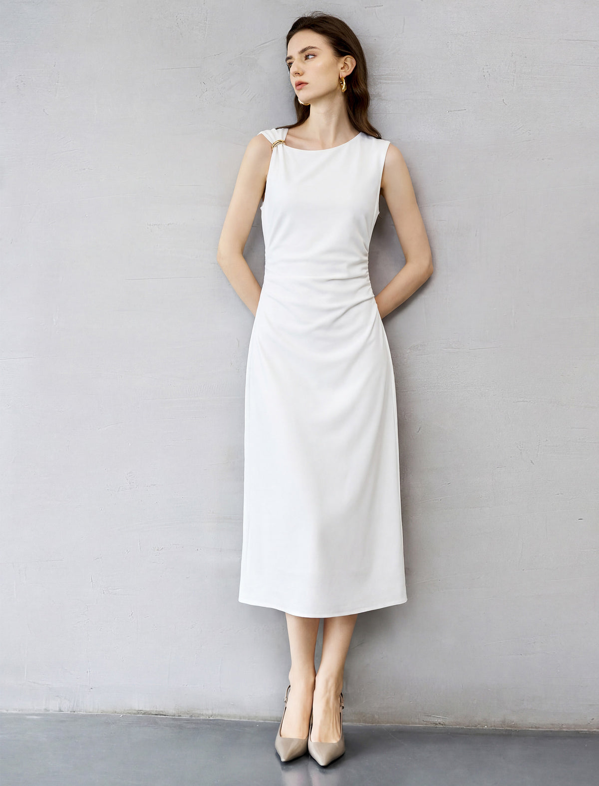Shoulder Ruched Waist Midi Sheath Dress With Metal Buckle