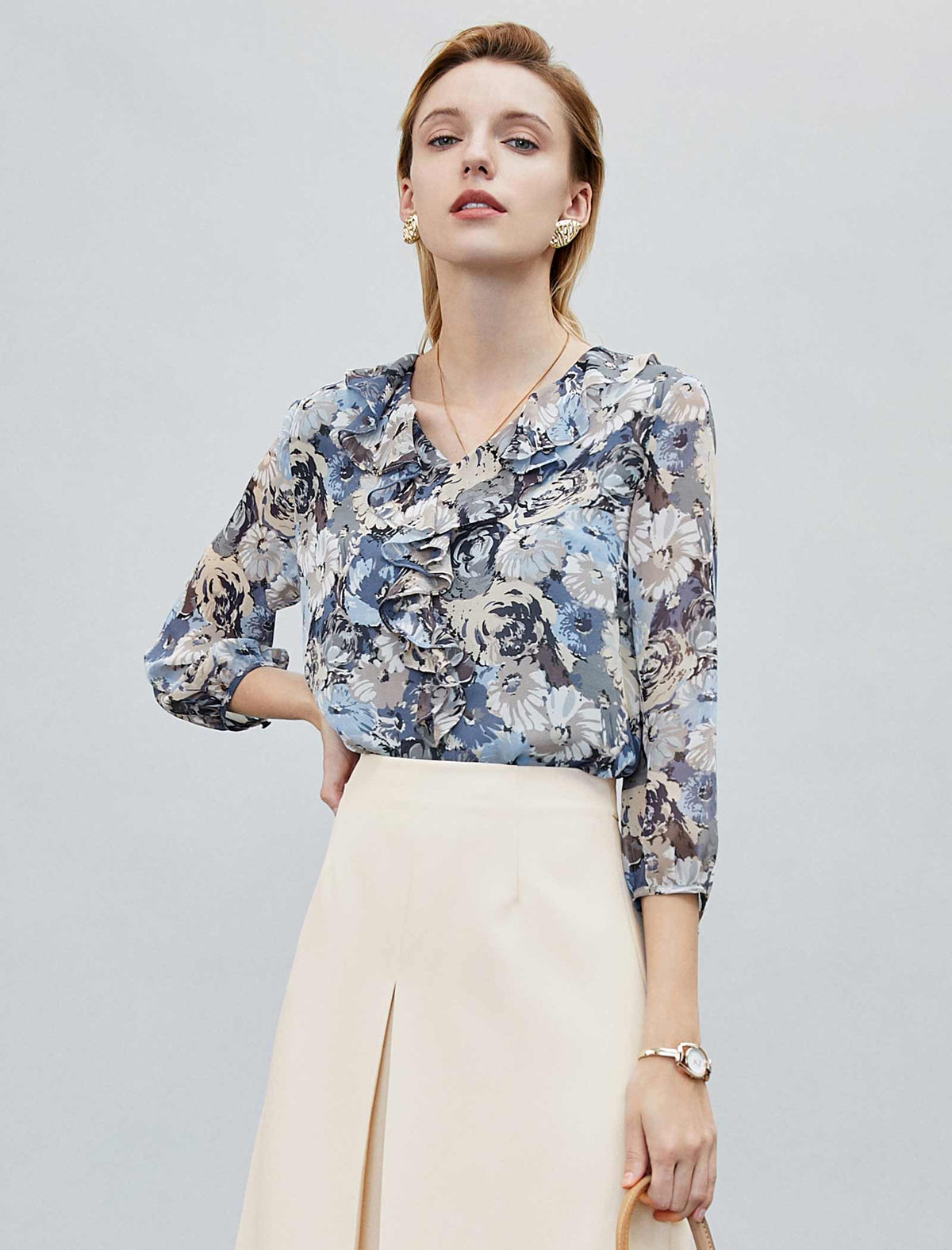 Floral Ruffled 3/4 Sleeve Blouse