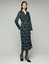 Abstract Dot Print V-Neck Ruched-Waist Long Sleeve Wrap Midi Dress