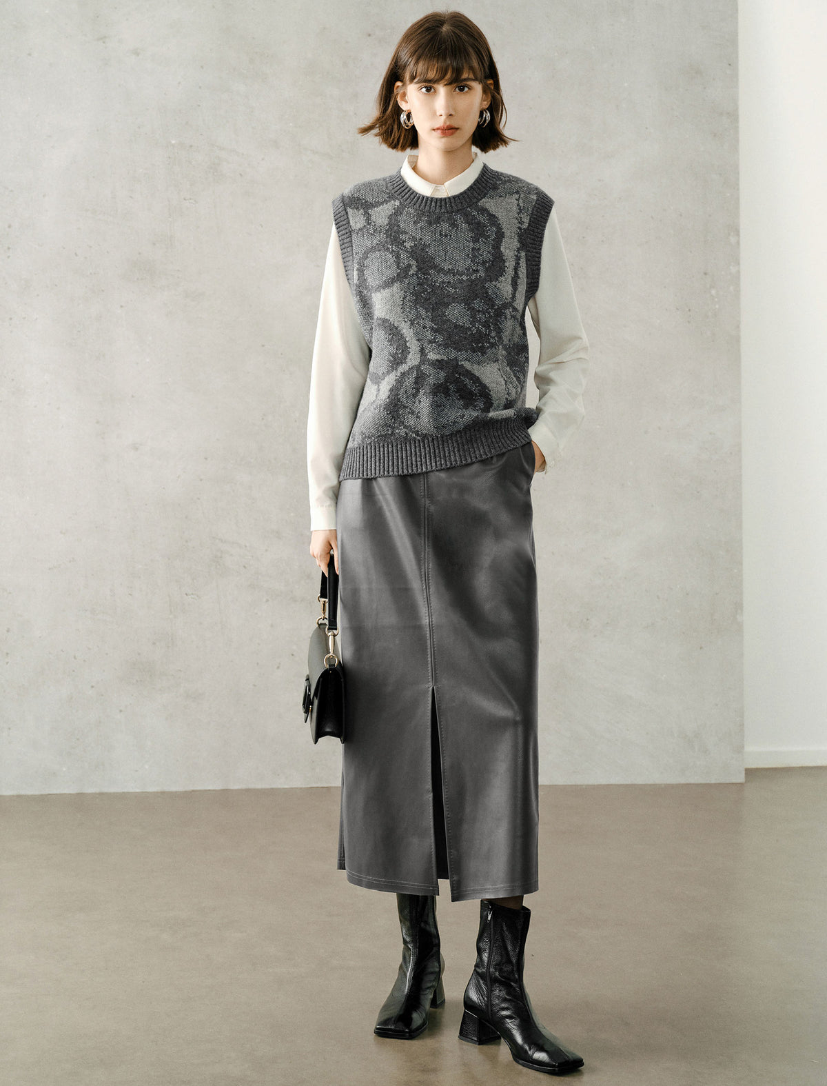 Gray Coated Wrap-Front Midi Skirt