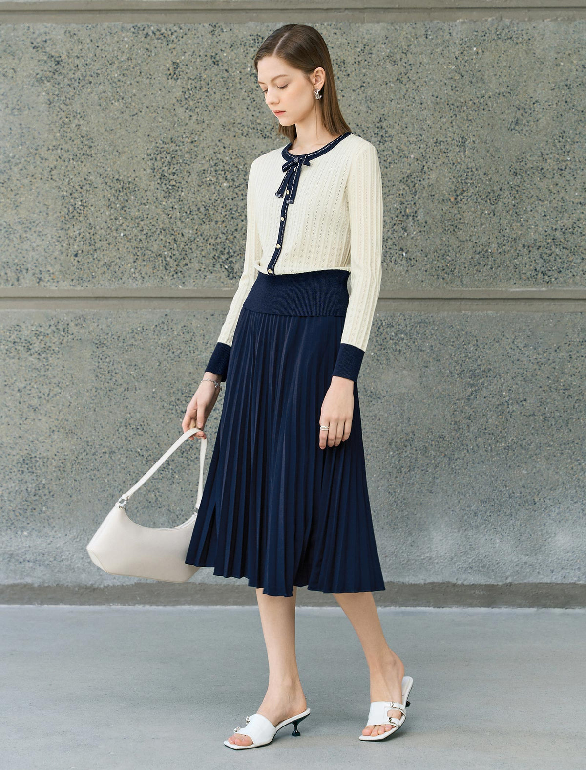 Navy Pleated High Waist Swing A-Line Skirt