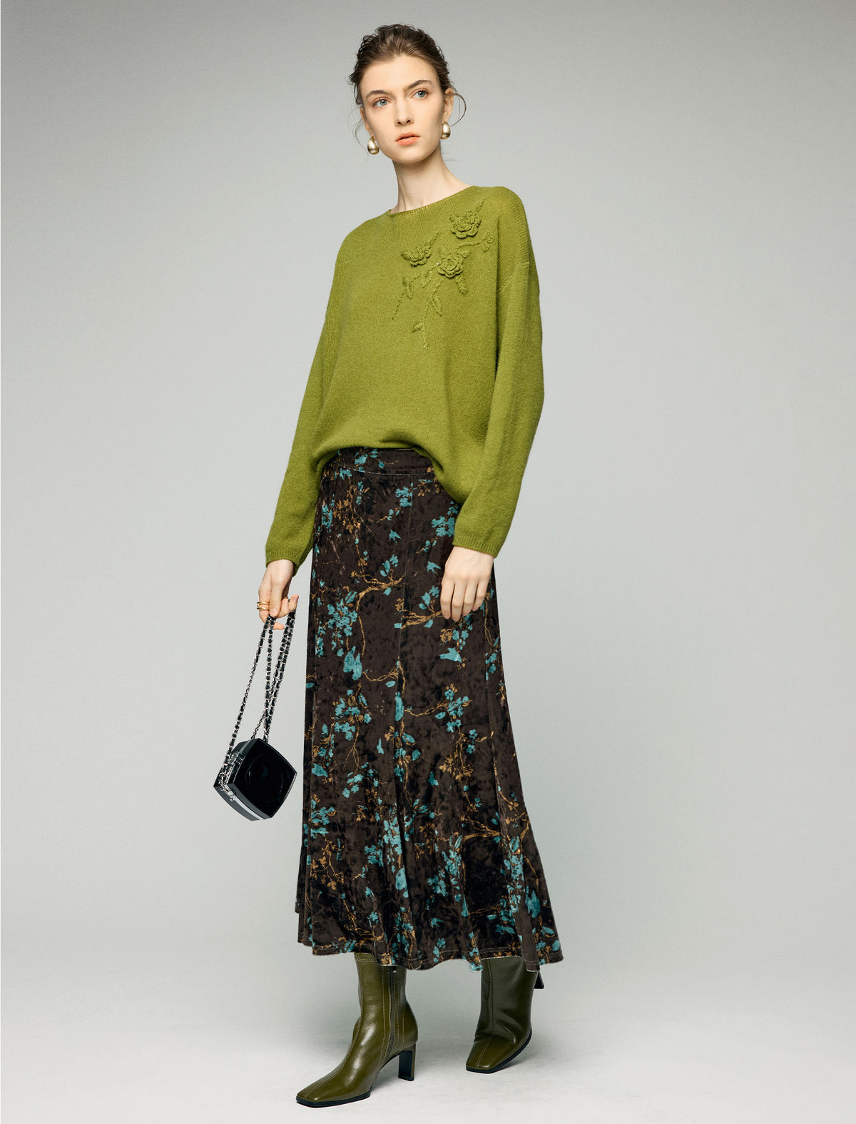 Wool Blend Floral Applique Boatneck Relaxed Sweater