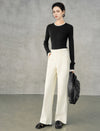 Wool Blend Contrast Trim Crewneck Fitted Long Sleeve Top