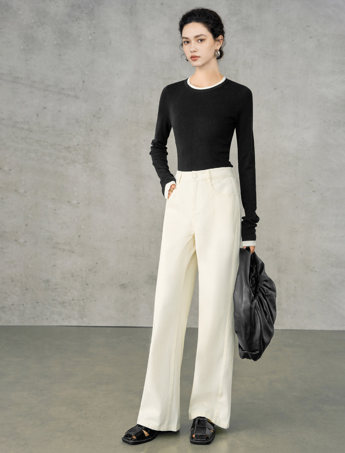 Wool Blend Contrast Trim Crewneck Fitted Long Sleeve Top