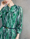 Green Geometric Print Belted Midi Dress