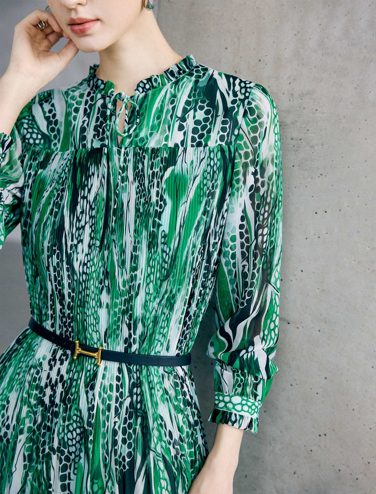 Green Geometric Print Belted Midi Dress