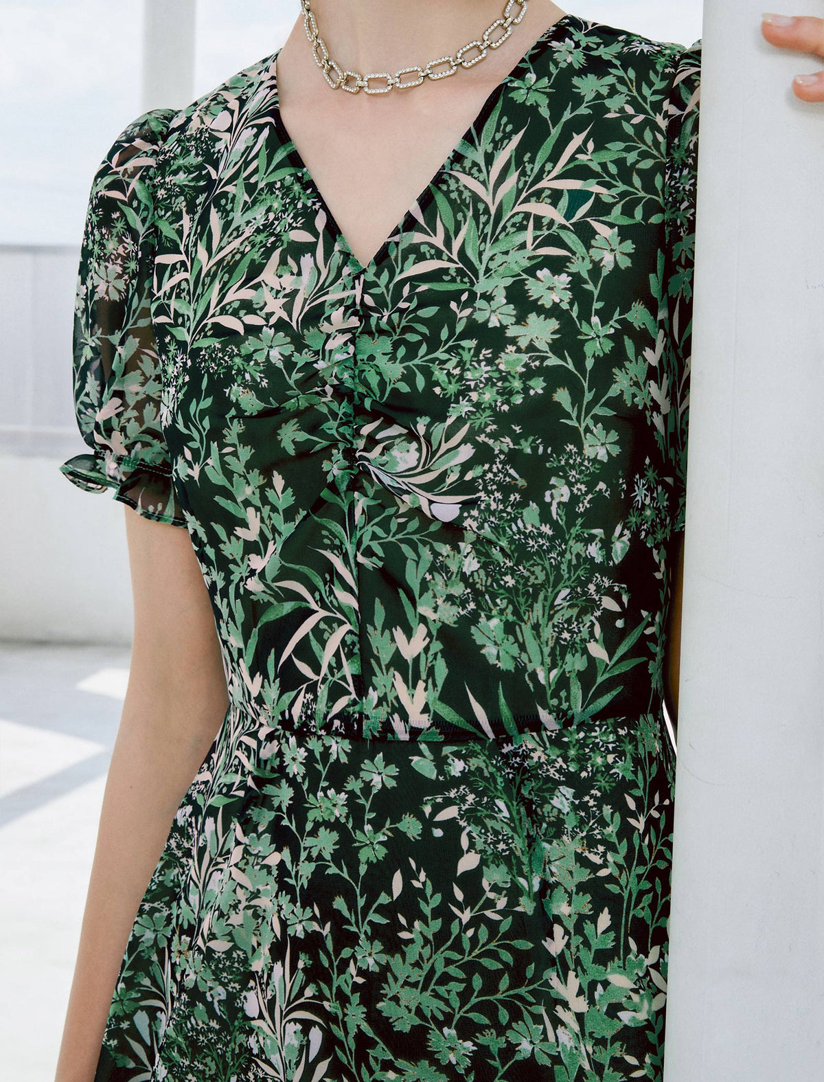 Romantic V-Neck Floral Chiffon Midi Dress