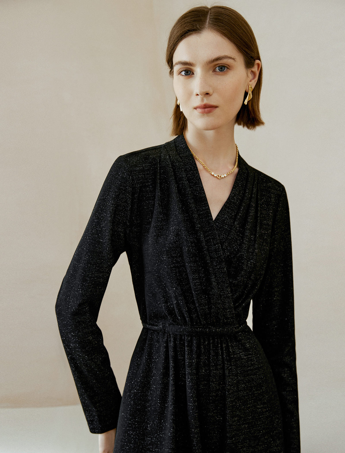 Glitter V-Neck Wrap Midi Dress