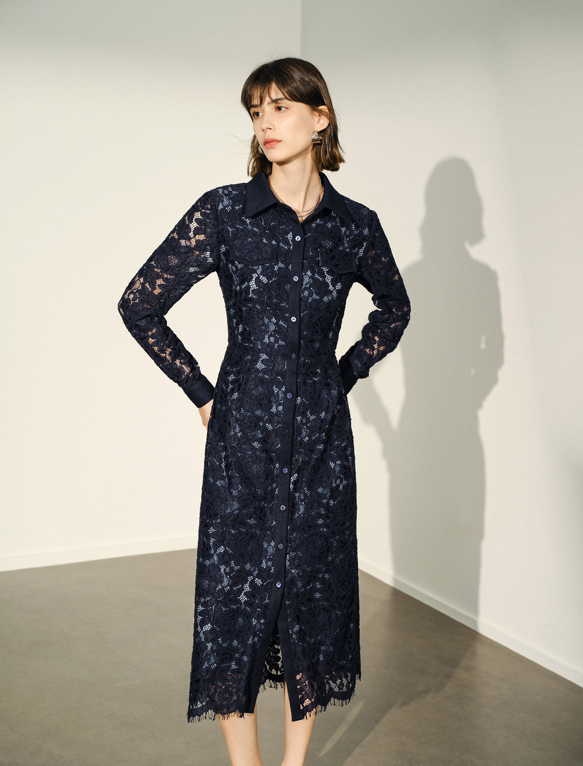 Navy Blue Lace Shirt Dress