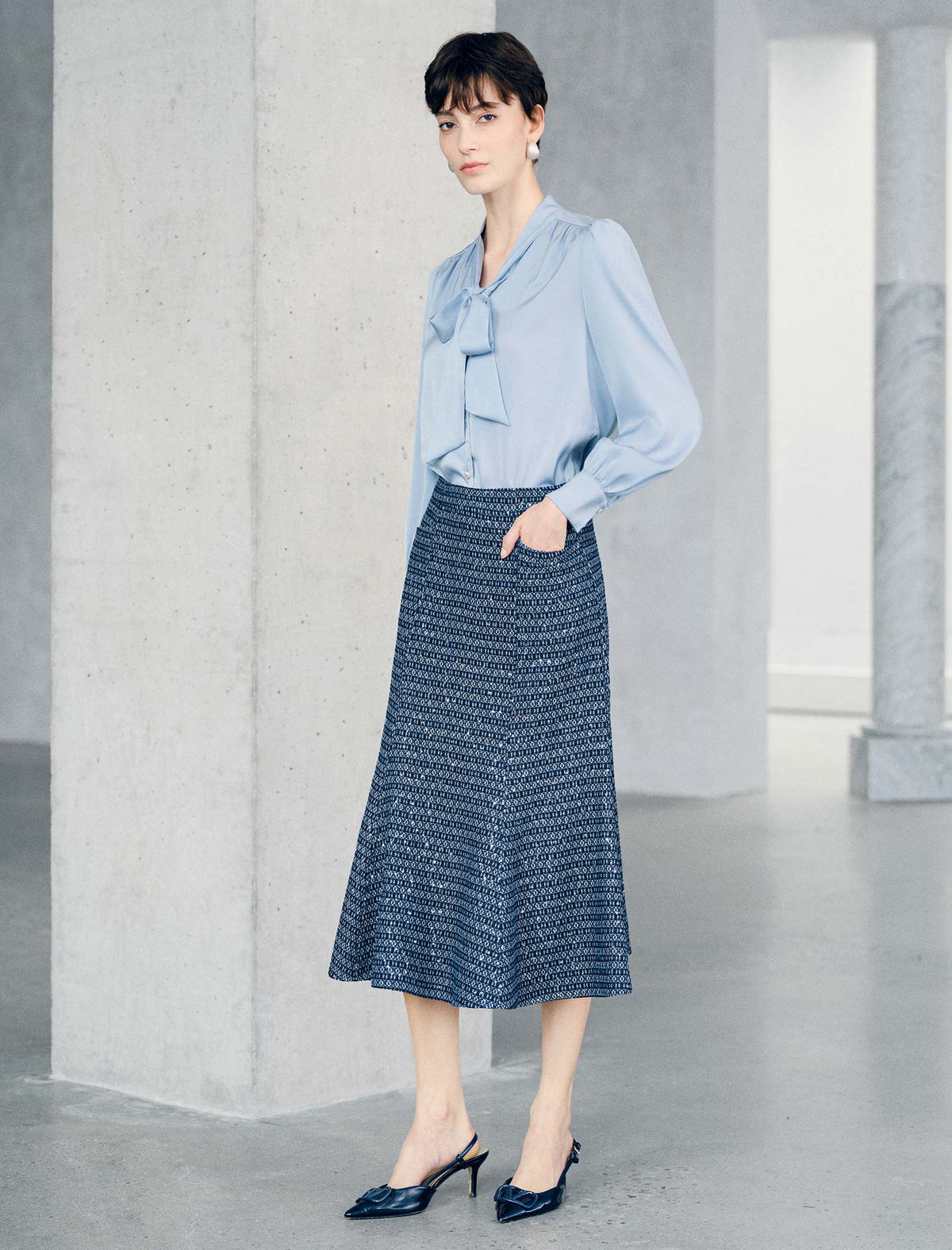 High Waist Textured Midi Mermaid Skirt