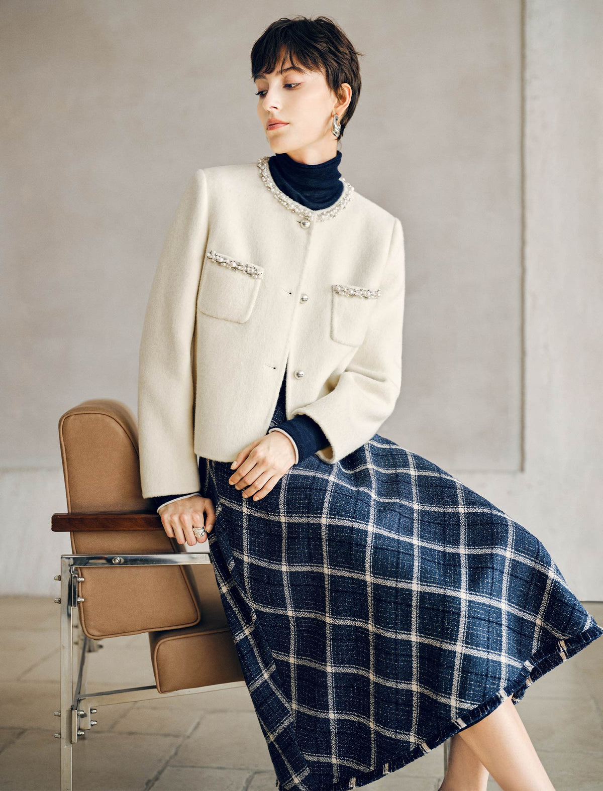 Geometric Plaid with Fringe Hem A Line Midi Skirt