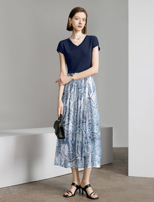 Navy Blue Leaf Print V-Neck Midi Dress