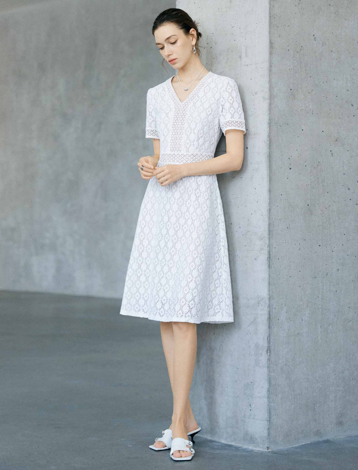 White Geometric Lace V-Neck Short Sleeve Fit And Flare Midi Dress