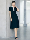 Contrast Collar Zip Front Short Sleeve A-Line Midi Dress
