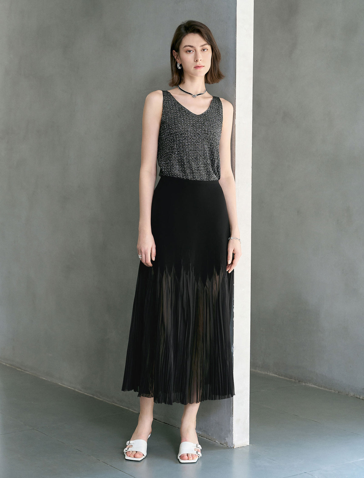 High-Waist Sheer Pleated Midi Skirt