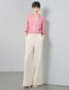 Pink Floral Jacquard Ruffle Neck Blouse