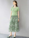 Green Abstract Print Pleated Midi Skirt