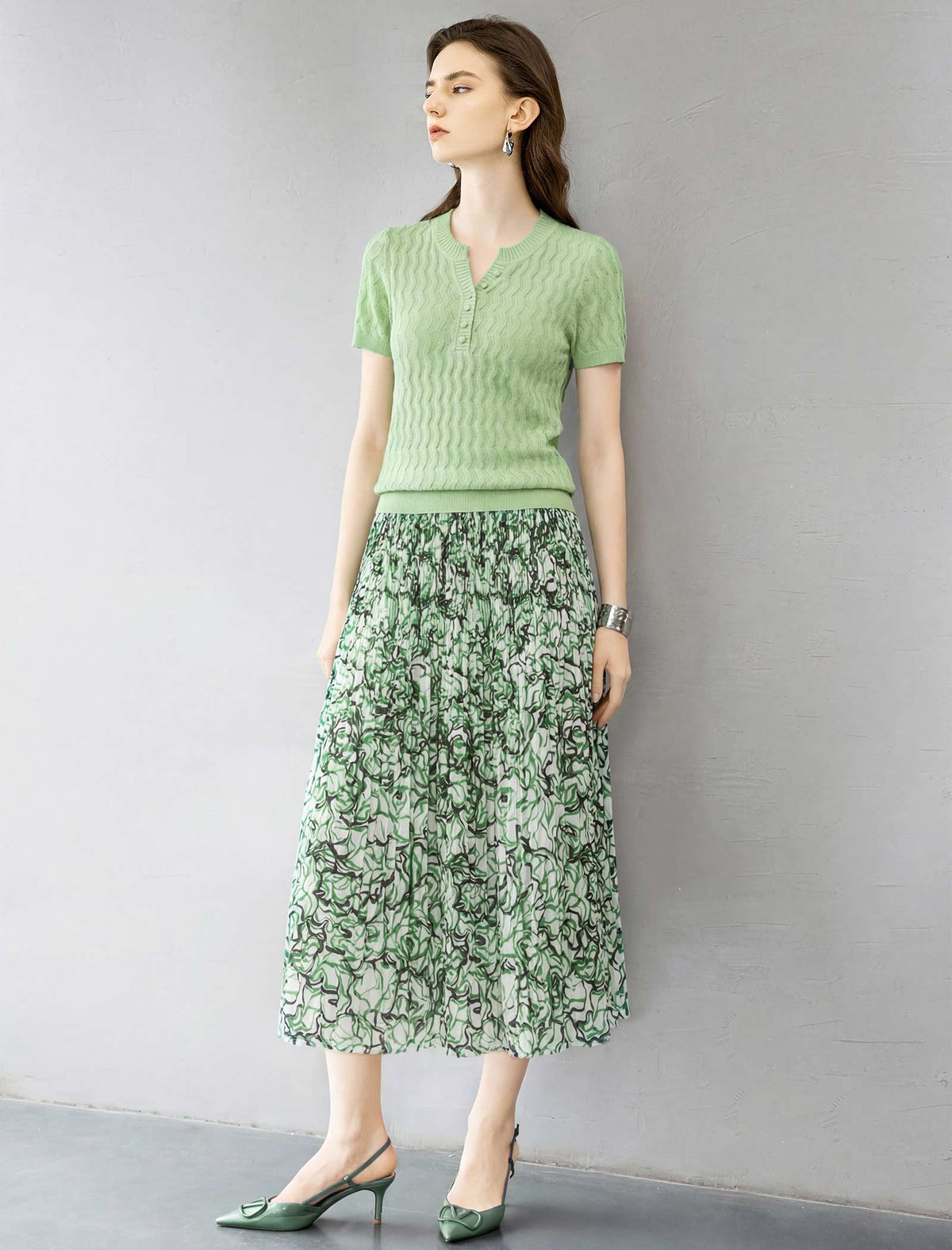 Green Abstract Print Pleated Midi Skirt