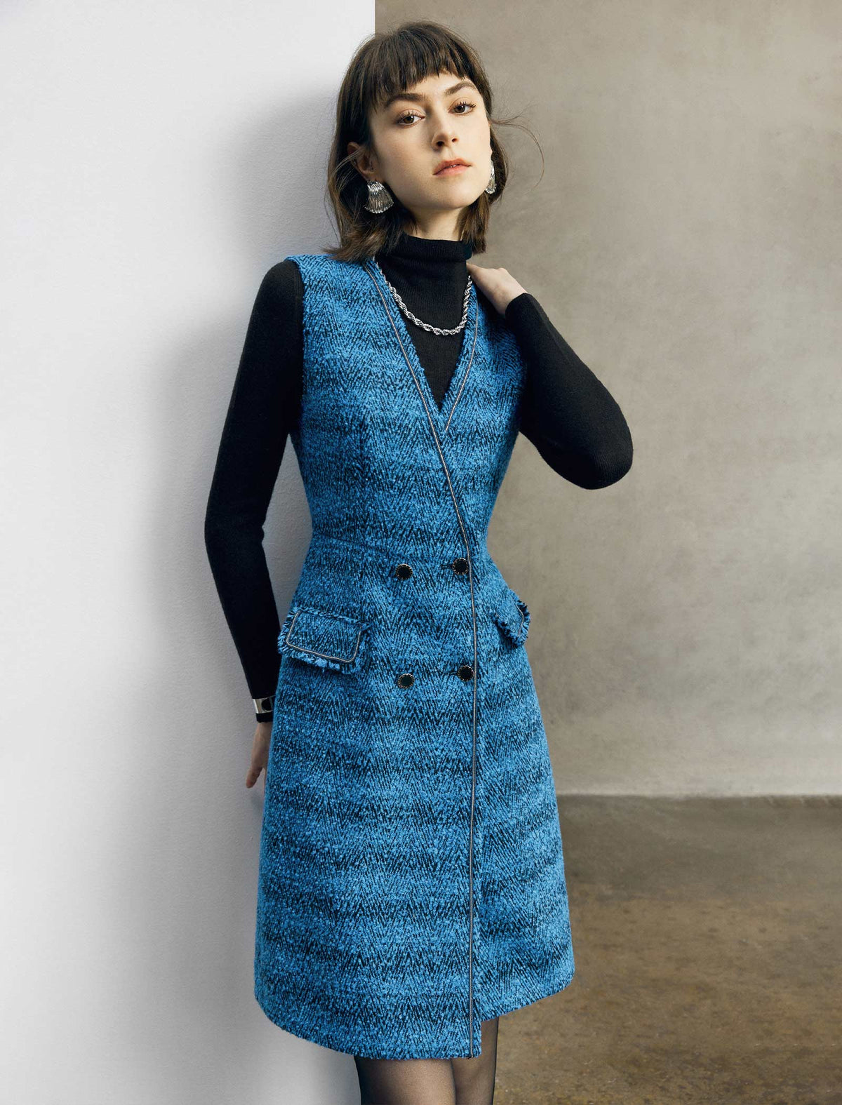 Wool Blend Jacquard Double-Breasted Pocket Dress