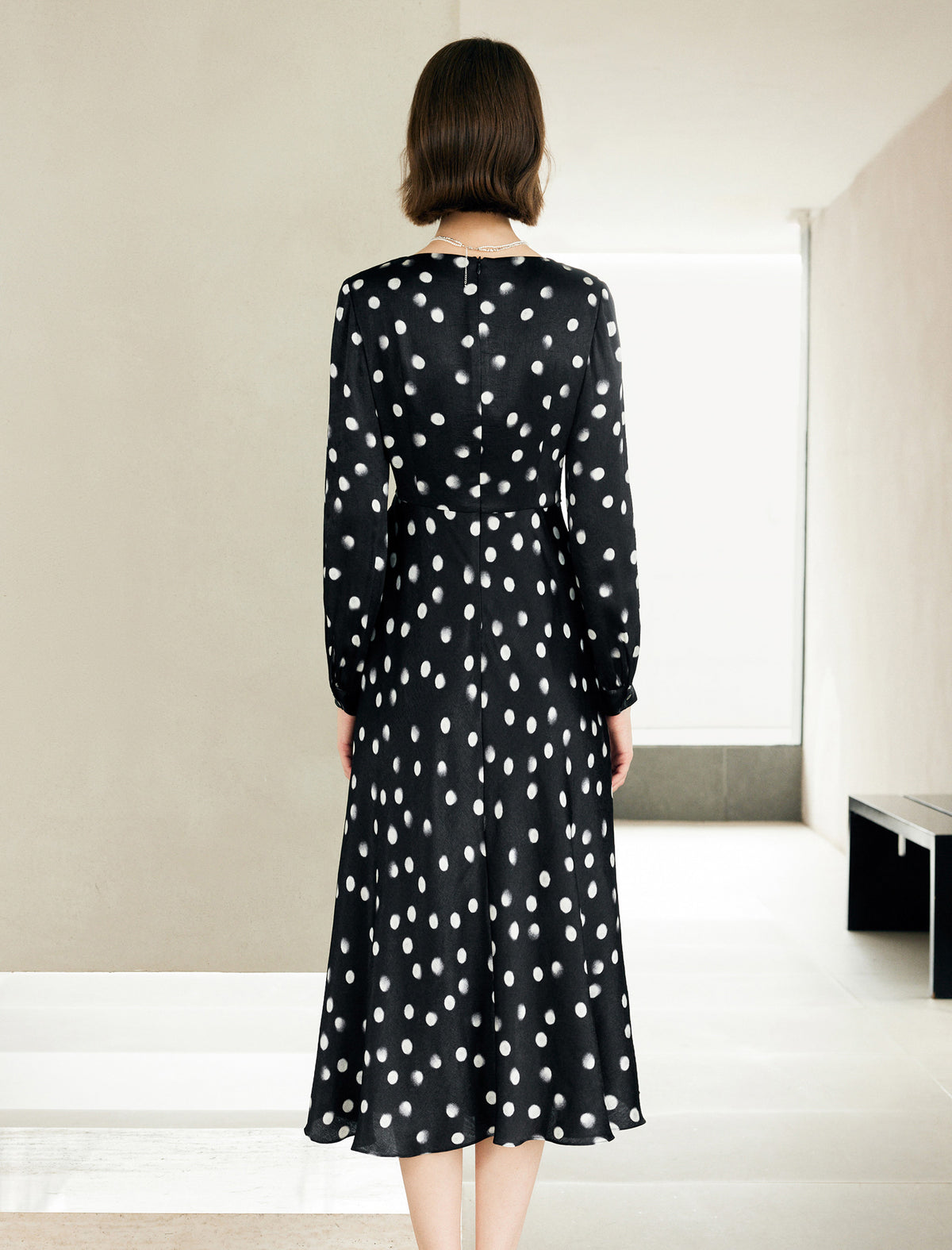 Black Polka Dot Long Sleeve Midi Dress