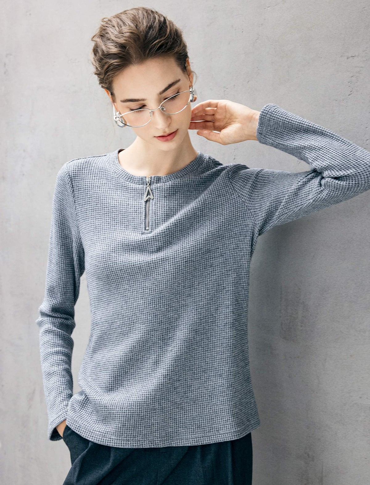 Waffle Texture Half Zip Long Sleeve Top