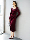 Burgundy Velvet Embellished Midi Dress