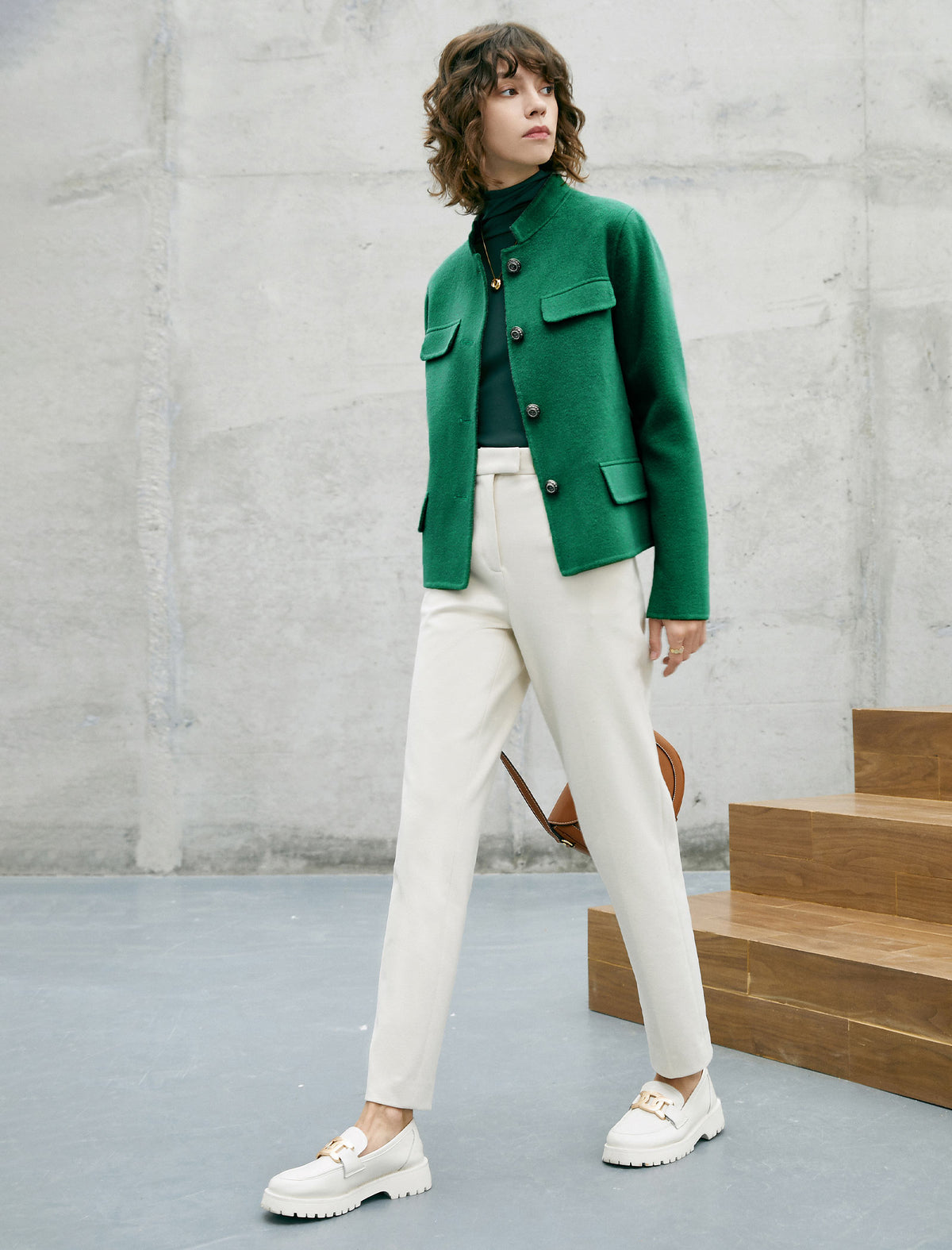 Wool Blend Button-Front Cropped Jacket