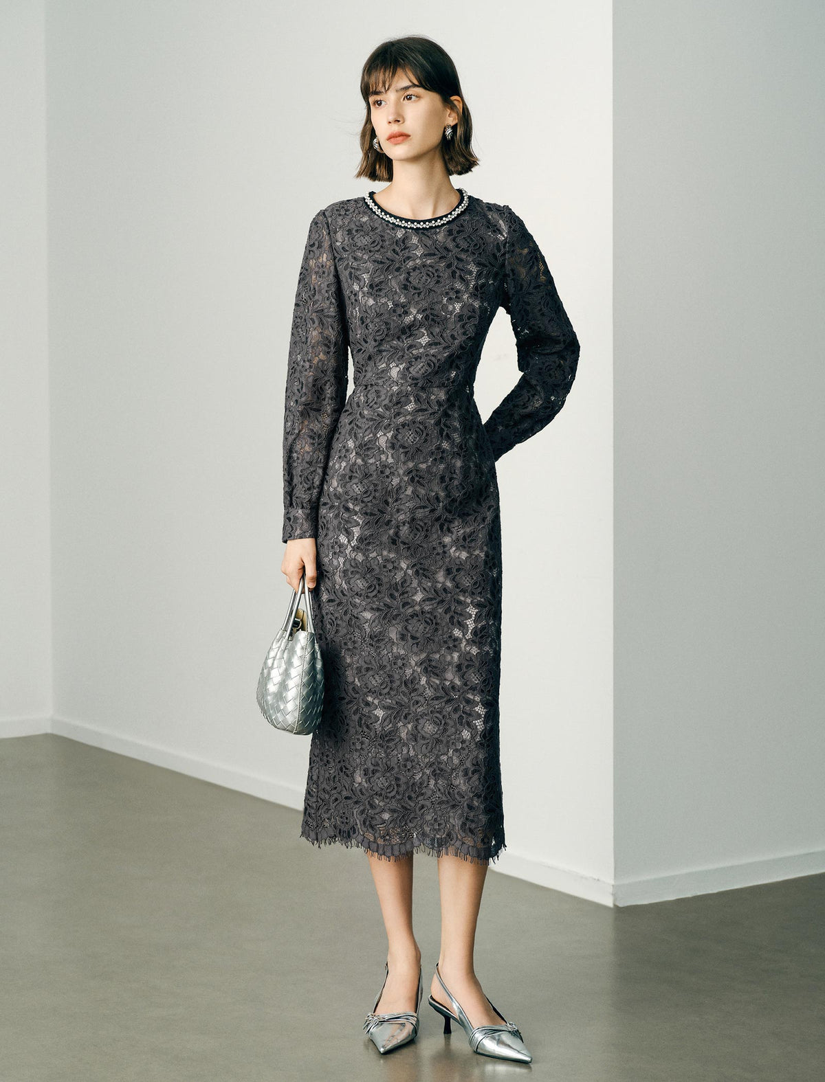 Lace Beaded Neckline Midi Dress