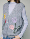 Wool and Mulberry Silk Blend Floral Applique V-Neck Button-Front Vest