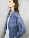 Navy And White Stripe Zip-Front Cinched Blouse