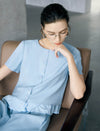 Light Blue Ruffle-Hem Short Sleeve Blouse