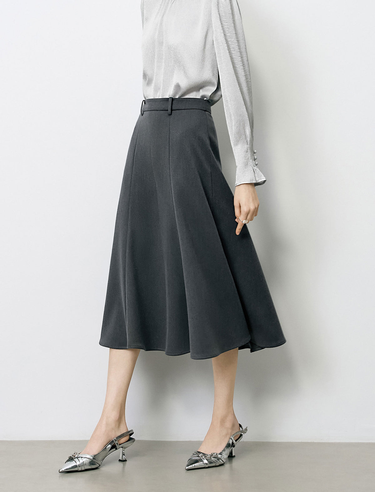 High Waist Grey Flared Midi A-Line Skirt