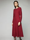 Wool Blend Beaded Crewneck Long Sleeve A-Line Midi Dress