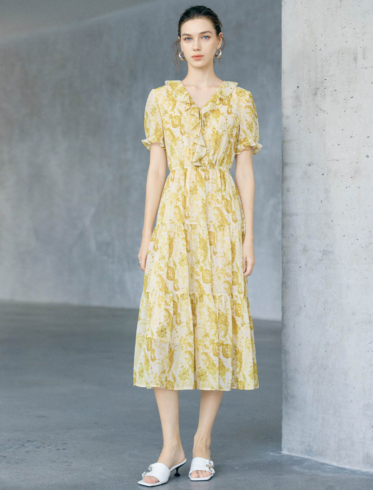 Golden Paisley Print Ruffled Tiered Midi Dress