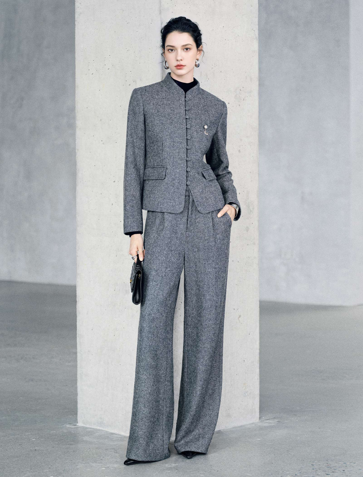 Wool Blend Mandarin Collar Cropped Jacket
