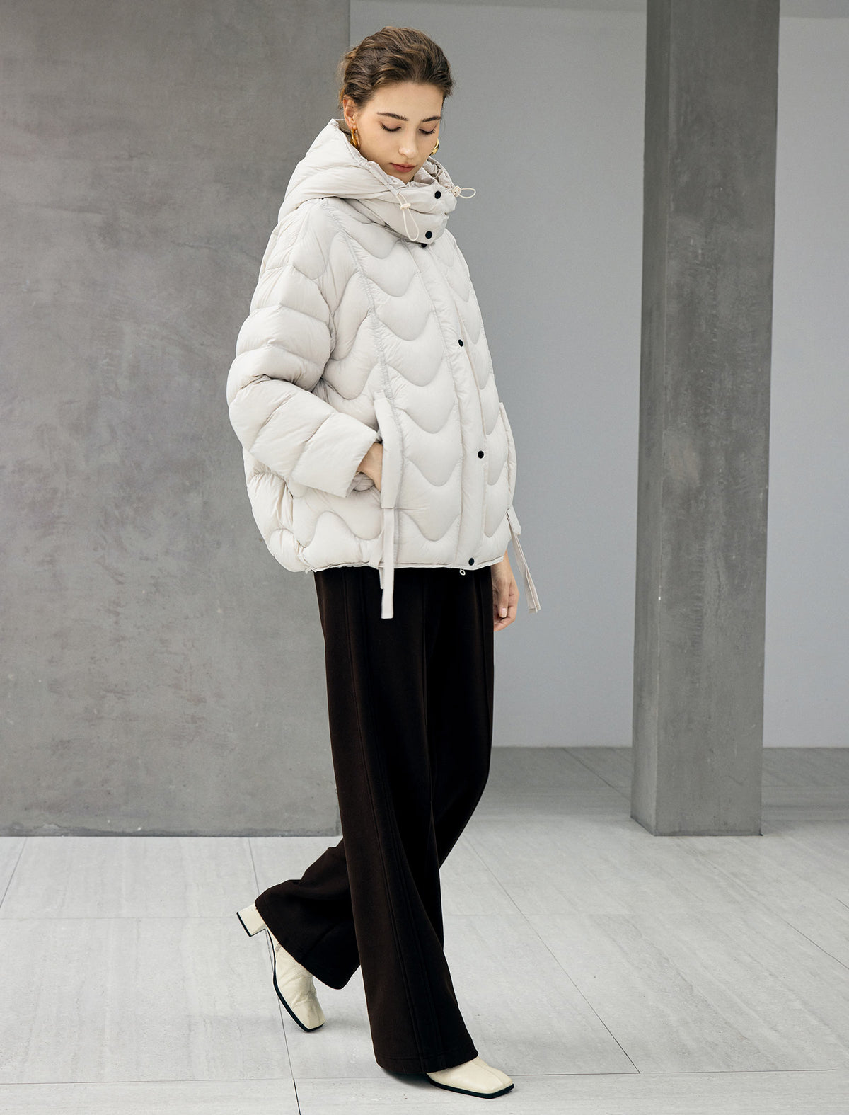 Wave-Quilted Hooded Drawstring Cropped Puffer Jacket