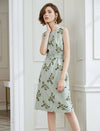 Light Green Gingham Floral Self-Belt Sleeveless Dress