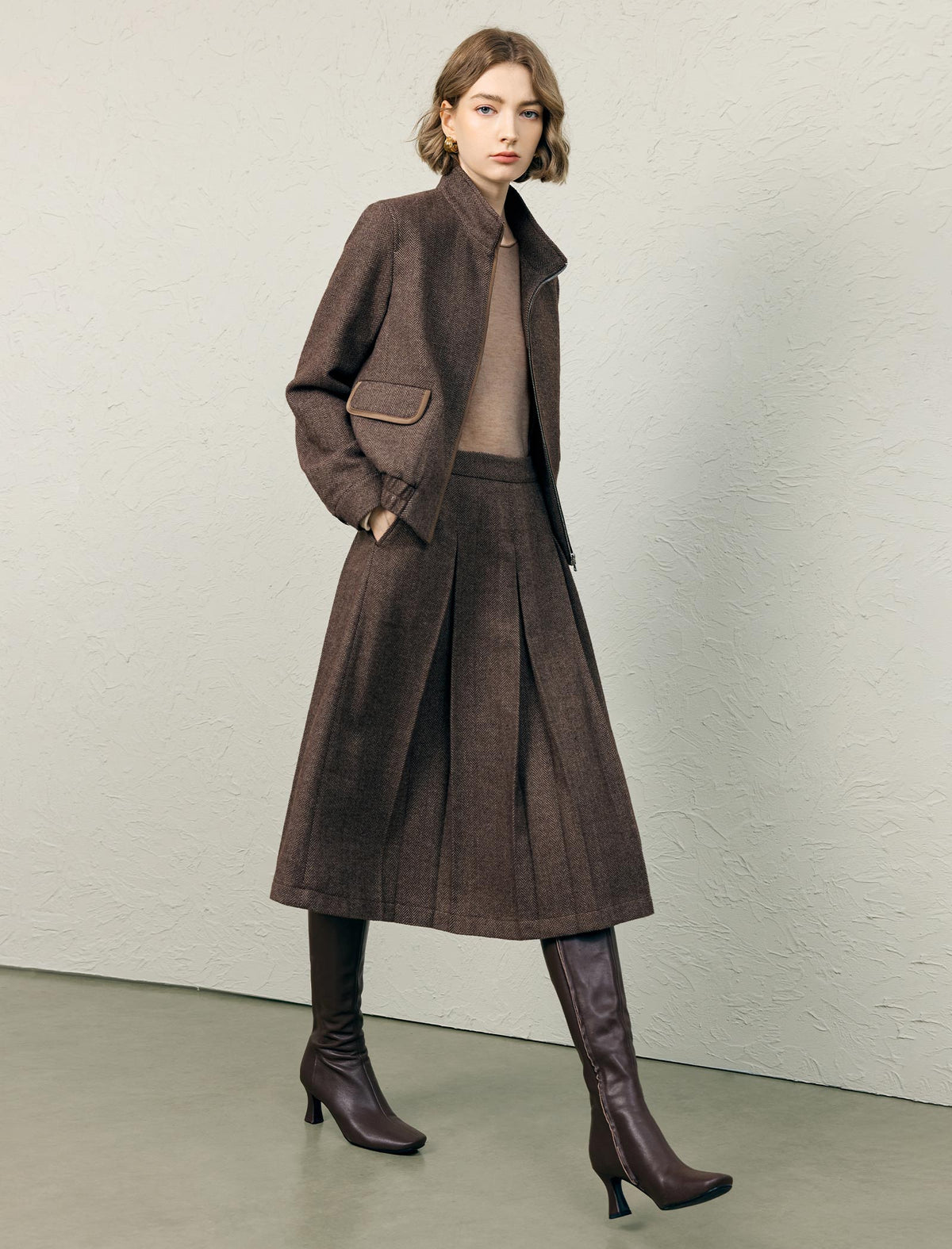 Wool Blend High-Waist Accordion-Pleated A-Line Midi Skirt