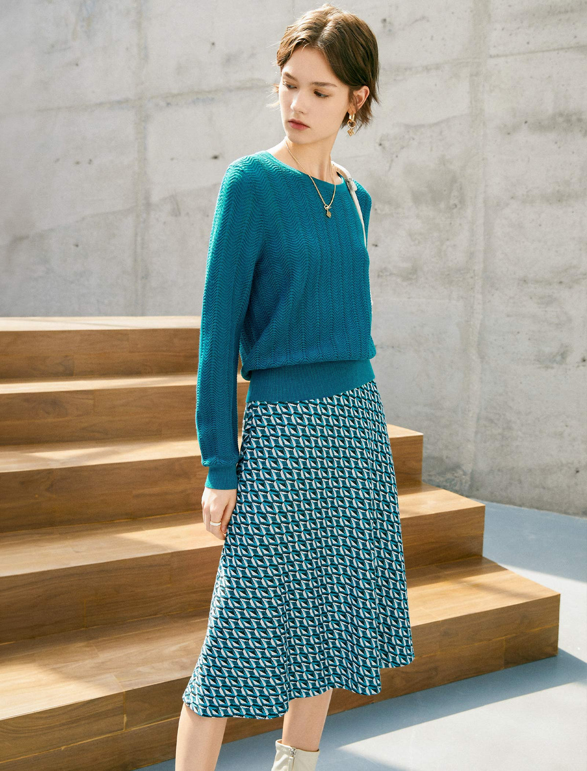 Wool Geometric Print A-Line Midi Skirt
