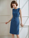 Solid Color Self-Belt Sleeveless Dress