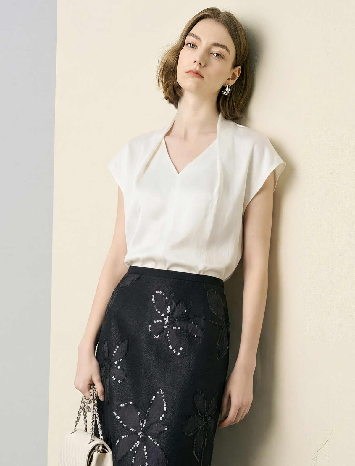 Acetate Satin V-Neck Cap Sleeve Blouse