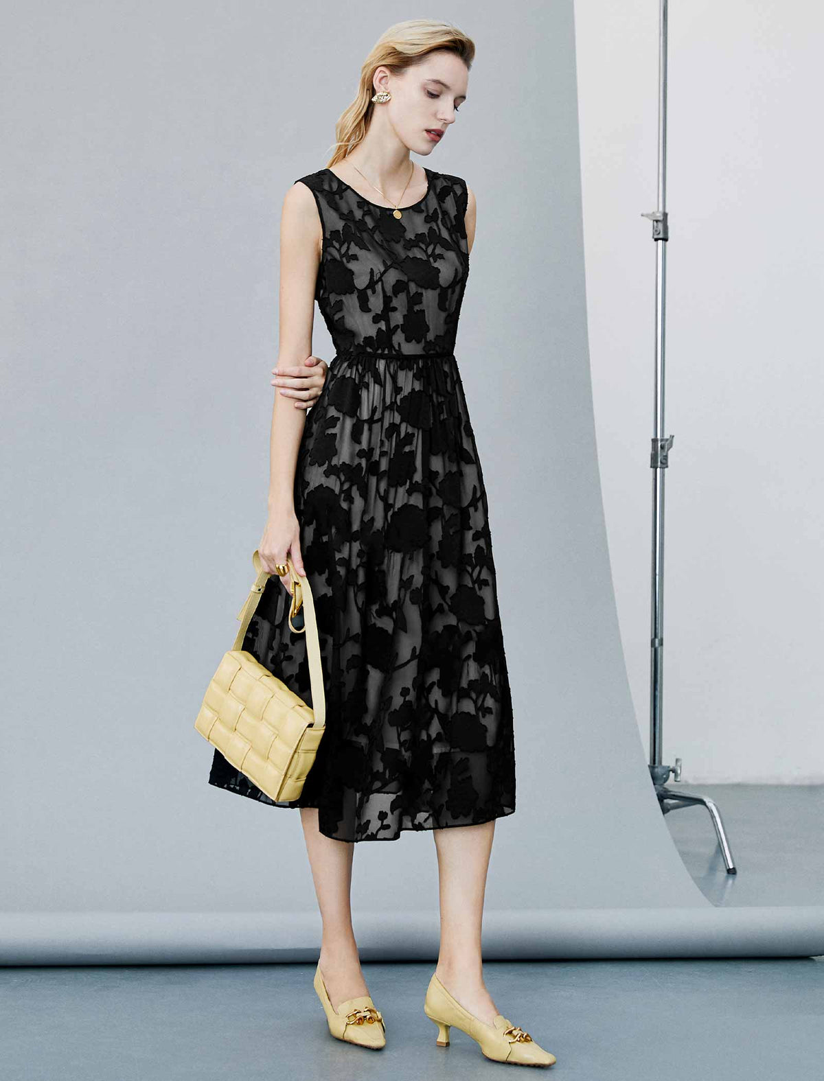 Mustard Burnout Floral Sleeveless Midi Dress