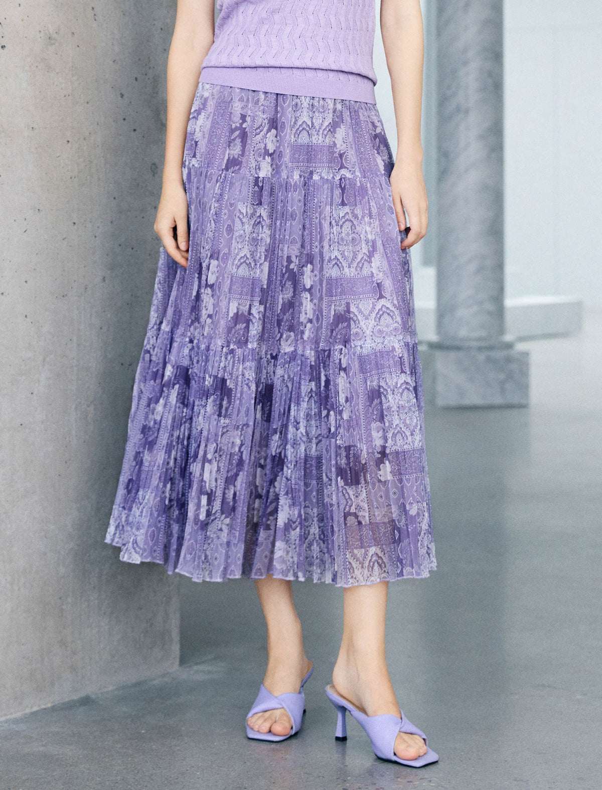 Purple Paisley Print Tiered Midi Skirt