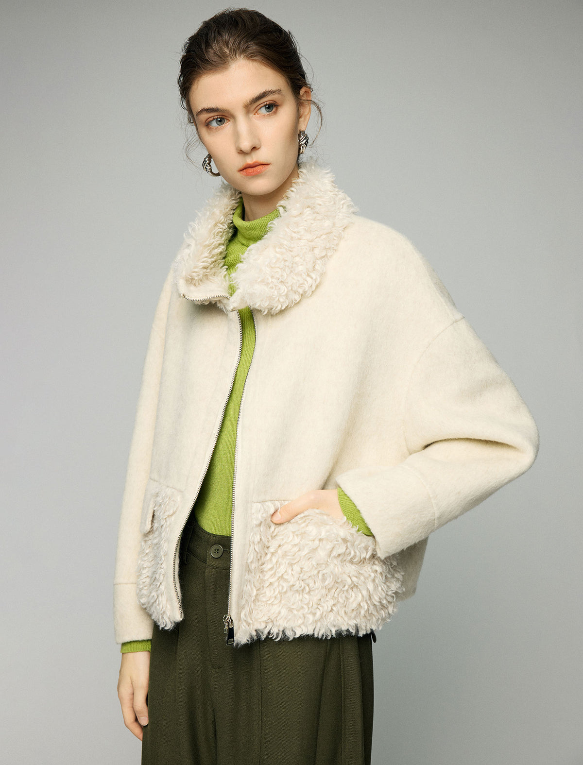 Wool Blend Contrast-Panel Stand-Collar Zip-Front Cropped Jacket