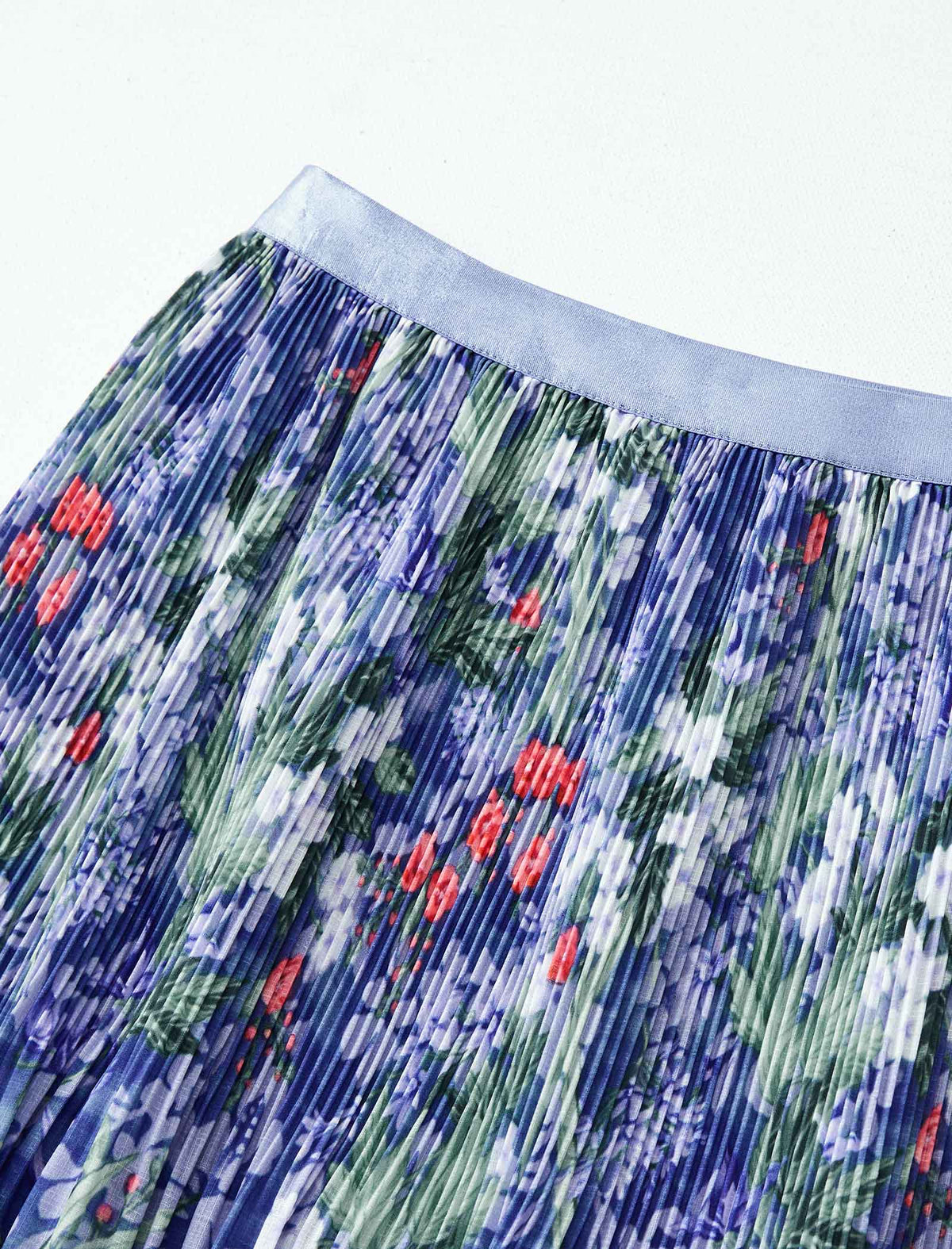 Blue Base Floral Print Pleated Midi Skirt
