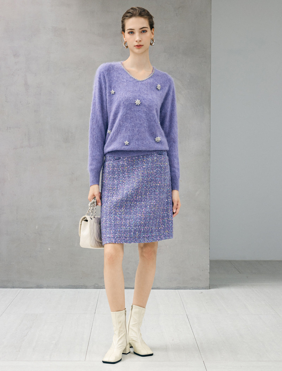 Wool and Mulberry Silk Blend Beaded V-Neck Sweater