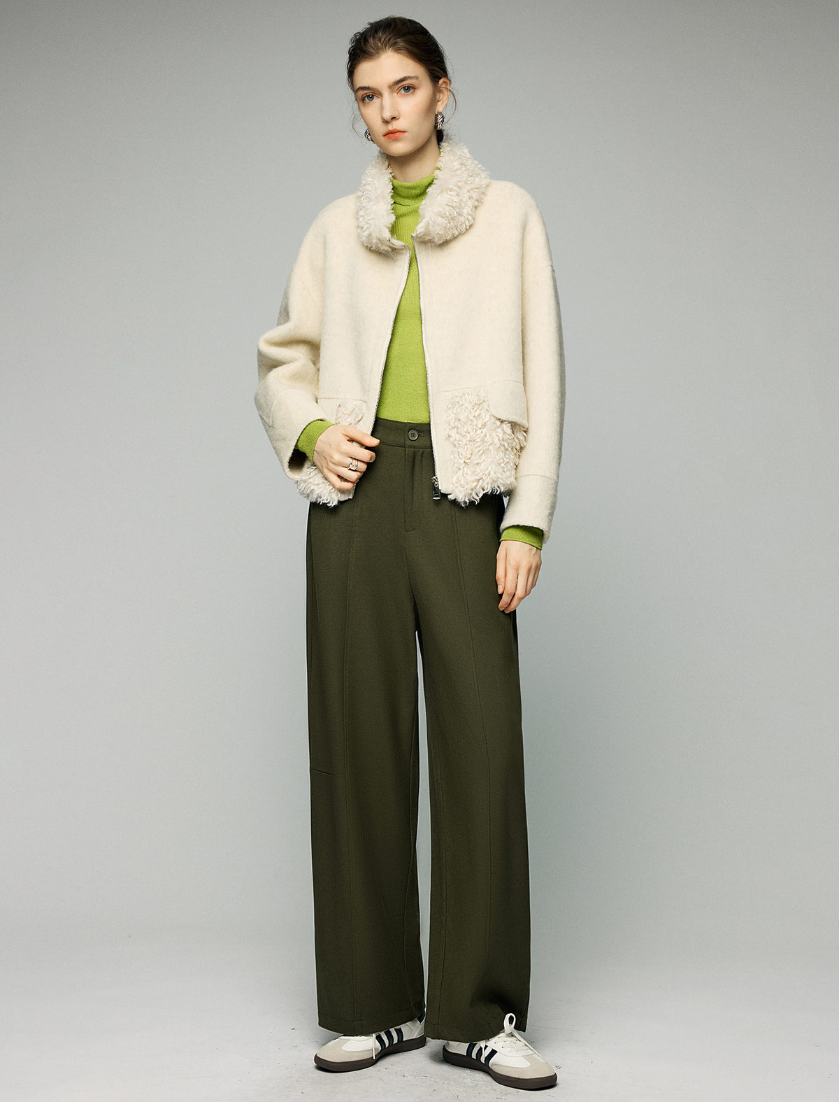 Wool Blend Contrast-Panel Stand-Collar Zip-Front Cropped Jacket