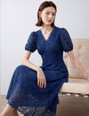 Lace Floral V-Neck Puff Sleeve Midi Dress