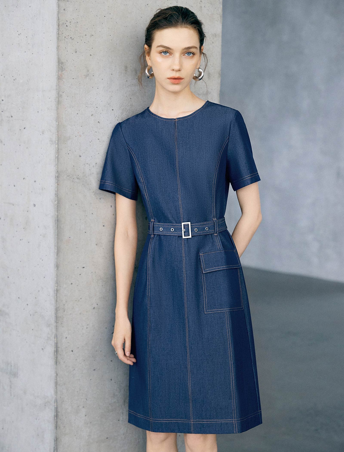 Belted Short Sleeve Denim Sheath Mini Dress