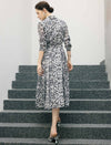 Abstract Floral Print Belted Long Sleeve Midi Shirt Dress